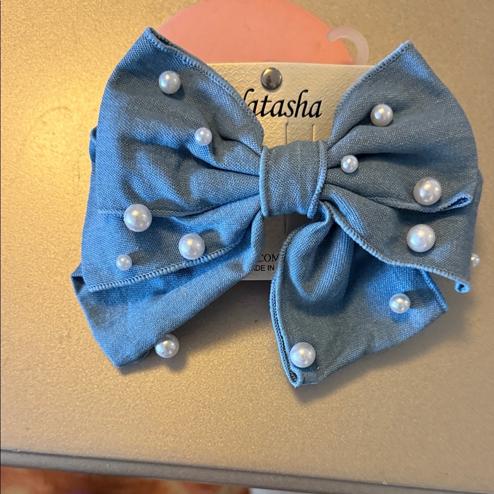 Natasha Couture Denim Blue Bow with Pearl Embellishments